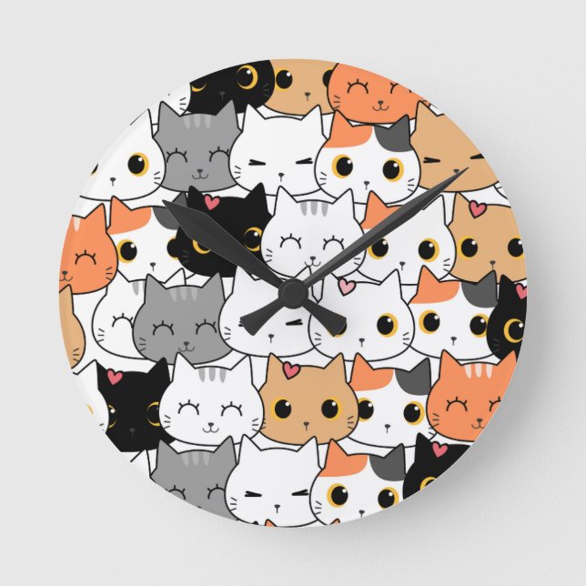 Horloge Ronde Cute Kawaii Cat Faces Pattern  (Recto)