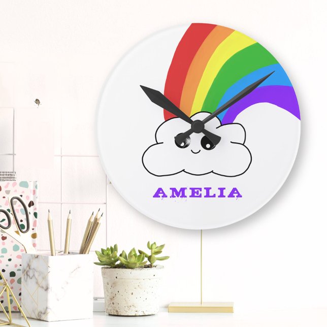 Horloge Ronde Cute Kawaii Cloud Rainbow Nom de l'enfant (Créateur téléchargé)