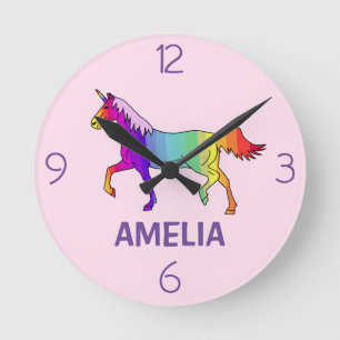 Horloge Ronde Cute Pink Rainbow Unicorn Girl