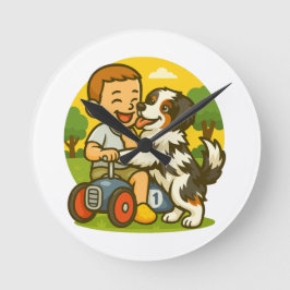 Horloge Ronde Cute Puppy and Kid Playtime