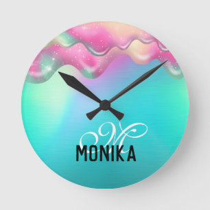 Horloge Ronde Cute Turquoise rose arc-en-ciel coulant Galaxy