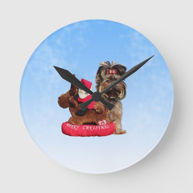 Horloge Ronde Cute Yorkshire Terrier Joyeux Noël (Recto)