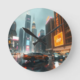 Horloge Ronde Cyberpunk Skyscrapper City Cars