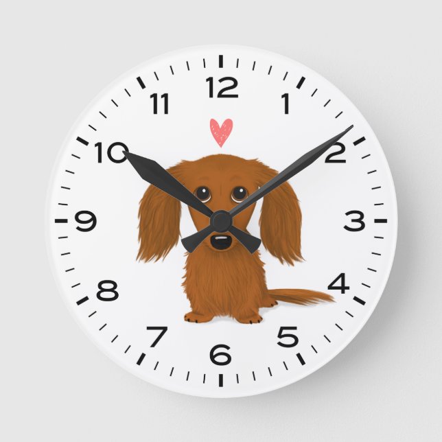 Horloge Ronde Dachshund à poil long avec Valentine Heart mignon  (Recto)