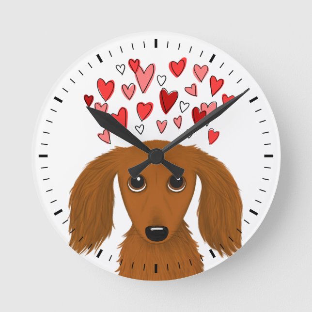 Horloge Ronde Dachshund aux cheveux longs avec Coeurs de Saint-V (Recto)