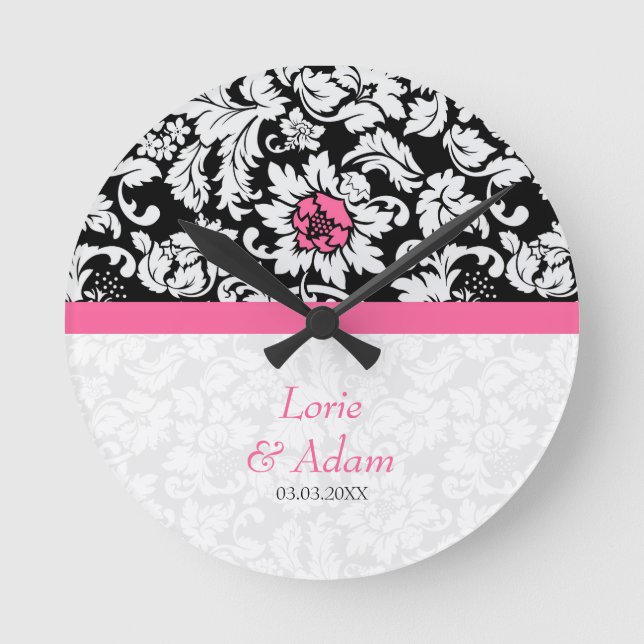 Horloge Ronde Damas Blanc Avec Fleur Rose (Recto)