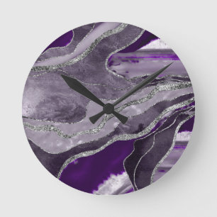 Horloge Ronde Dark Violet Marble Agate Silver Glitter 