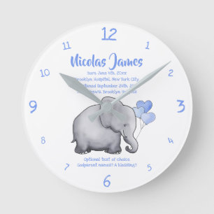 Horloge Ronde Date de baptême personnalisée Baby Blue Elephant