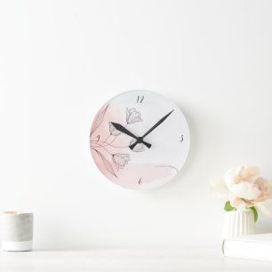 Horloge Ronde Décor d'horloge ronde florale à l'aquarelle rose r