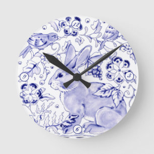 Horloge Ronde Delft Blue Blanc Lapin Lapin Oiseaux Dedham Élég