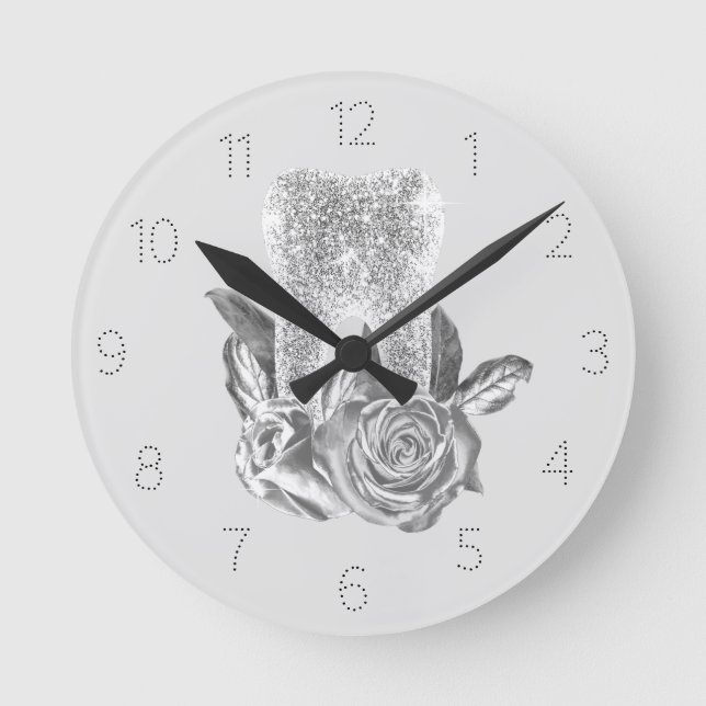 Horloge Ronde Dentiste moderne Argent Dent & Fleurs Dentaire (Recto)