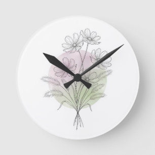 Horloge Ronde Dessin botanique au trait Fougère Fleur sauvage Ve