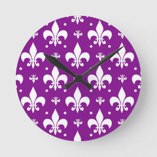 Horloge Ronde Dessin de fleur de lis violet et blanc
