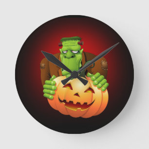 Horloge Ronde Dessin de Frankenstein Monster avec Citrouille