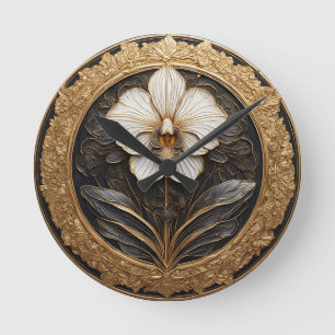 Horloge Ronde Dessin élégant d'orchidée dorée