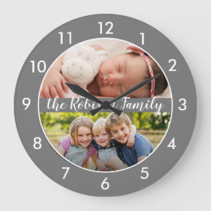 Horloge Ronde Deux Collage Photo Gris Personnalisé Grande Horlog