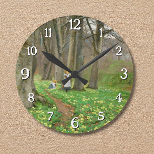 Horloge Ronde Deux filles cueillant des fleurs dans la forêt de 