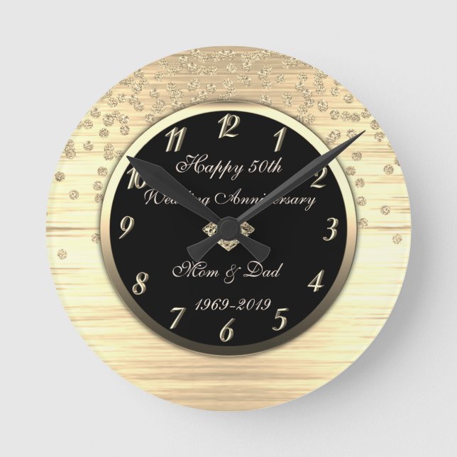 Horloge Ronde Diamant Confetti Or 50e Anniversaire de Mariage (Recto)