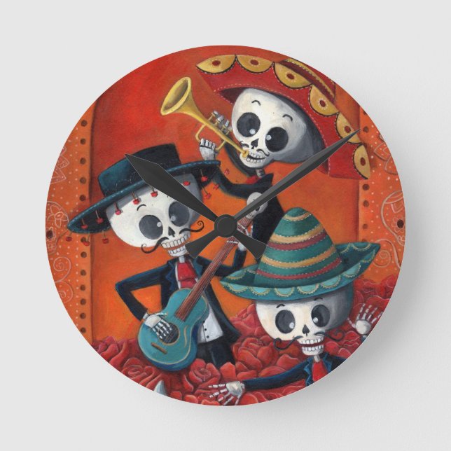 Horloge Ronde Diaz de Los Muertos Skeleton Mariachi Trio (Recto)