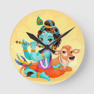 Horloge Ronde Dieu indien de Krishna jouant l'illustration de