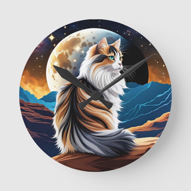 Horloge Ronde Dilute Calico Chat et Lune du désert (Recto)