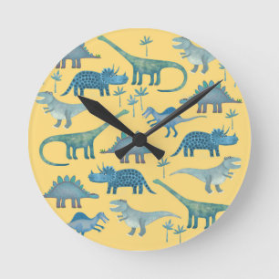 Horloge Ronde Dinosaures jaunes et bleus