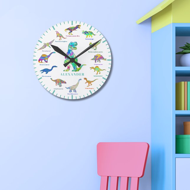 Horloge Ronde Dinosaures with NOM colorful Personalized Teal (Colorful dinosaurs with names custom wall clock with T-Rex velociraptor stegosaurus triceratops )