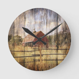 Horloge Ronde Distressed Wood Rustic Western