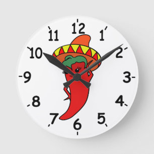 Horloge Ronde Divine Poivron Kawaii Rouge Chapeau Mexicain