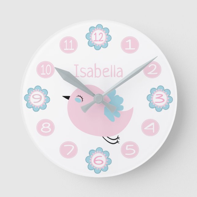 Horloge Ronde Douce Fleur Rose et Bleue et Oiseau Personnalisé (Recto)