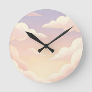 Horloge Ronde Douce Rêve de Nuages Pastel Rose Lavande Ciel 