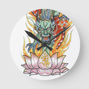 Horloge Ronde Dragon Japonais et Fleur de Lotus
