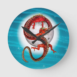 Horloge Ronde Dragon Lune Rouge Fantaisie Céleste Artistique