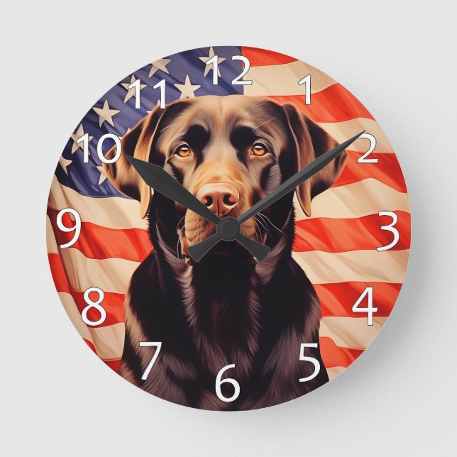 Horloge Ronde Drapeau américain Chocolat Labrador (Recto)