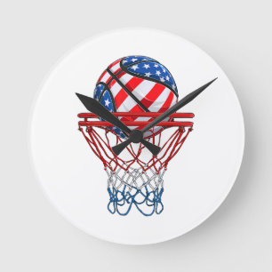 Horloge Ronde Drapeau américain de basket-ball 4 juillet américa