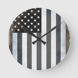 Horloge Ronde Drapeau américain noir et blanc