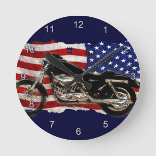 Horloge Ronde Drapeau des USA, moto, motocyclette, porc