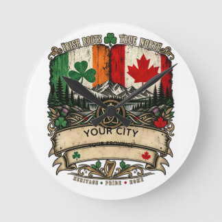 Horloge Ronde Drapeau irlandais canadien personnalisé Ville Prov