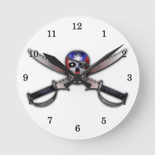 Horloge Ronde Drapeau portoricain - crâne et épées croisées