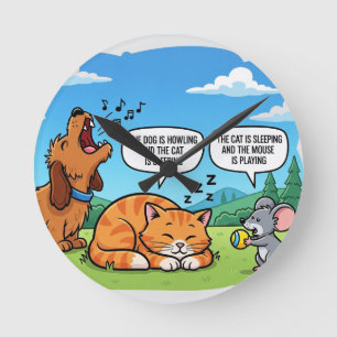 Horloge Ronde Drôle Cartoon Chien, Chat et souris