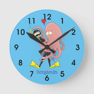 Horloge Ronde Drôle pieuvre embrasse plongeur dessin animé humou