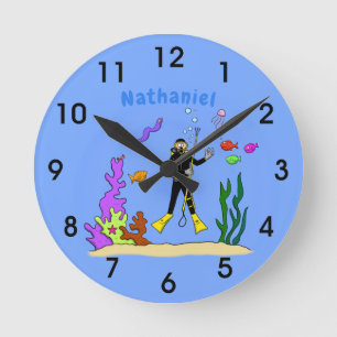 Horloge Ronde Drôle plongeur et poisson mer créatures dessin ani