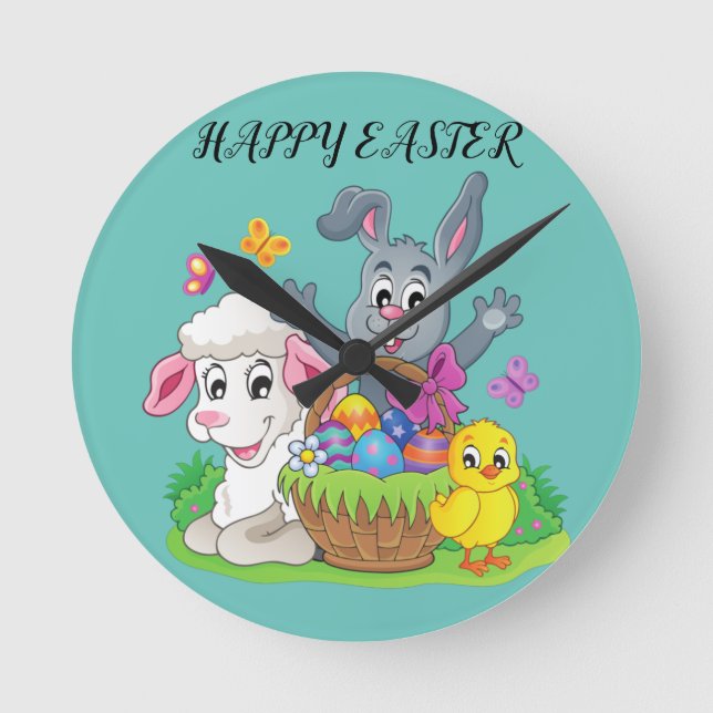 Horloge Ronde Easter rabbit, lamb & chick Acrylic clock. (Recto)