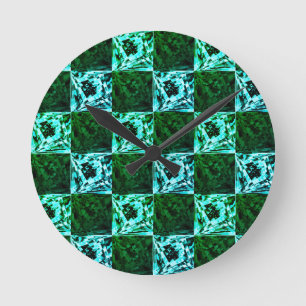Horloge Ronde Échecs ou cyan vert et bleu ciel, avec rectangle