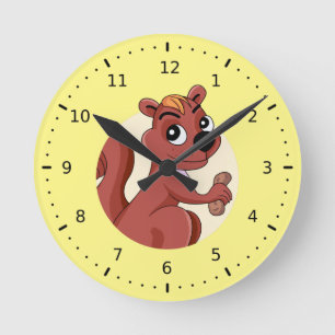 Horloge Ronde Écureuil de dessin animé mignon avec une cacahuète