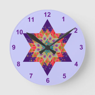Horloge Ronde Édredon d'étoile dans pourpre et orange
