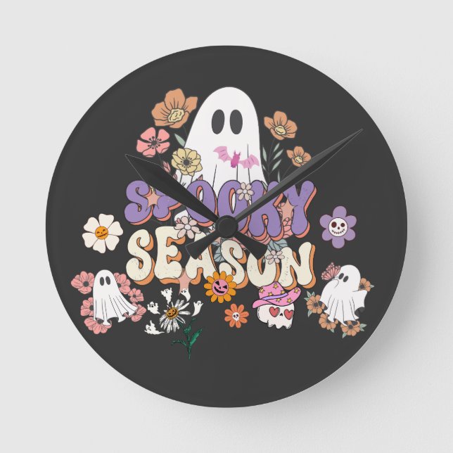 Horloge Ronde Éffrayant mignon fantôme avec fleurs HalloweenHorl (Recto)