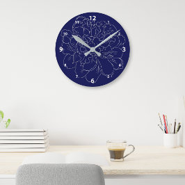 Horloge Ronde Elégant bleu marine Silver Floral