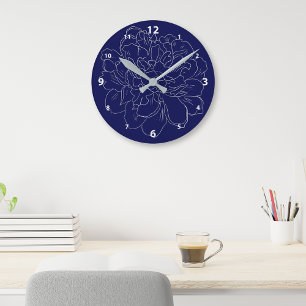 Horloge Ronde Elégant bleu marine Silver Floral
