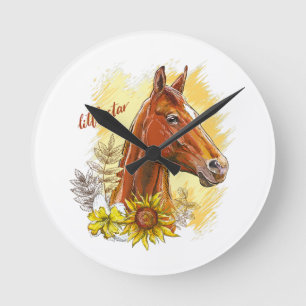 Horloge Ronde Élégant cheval à main avec plantes et fleurs